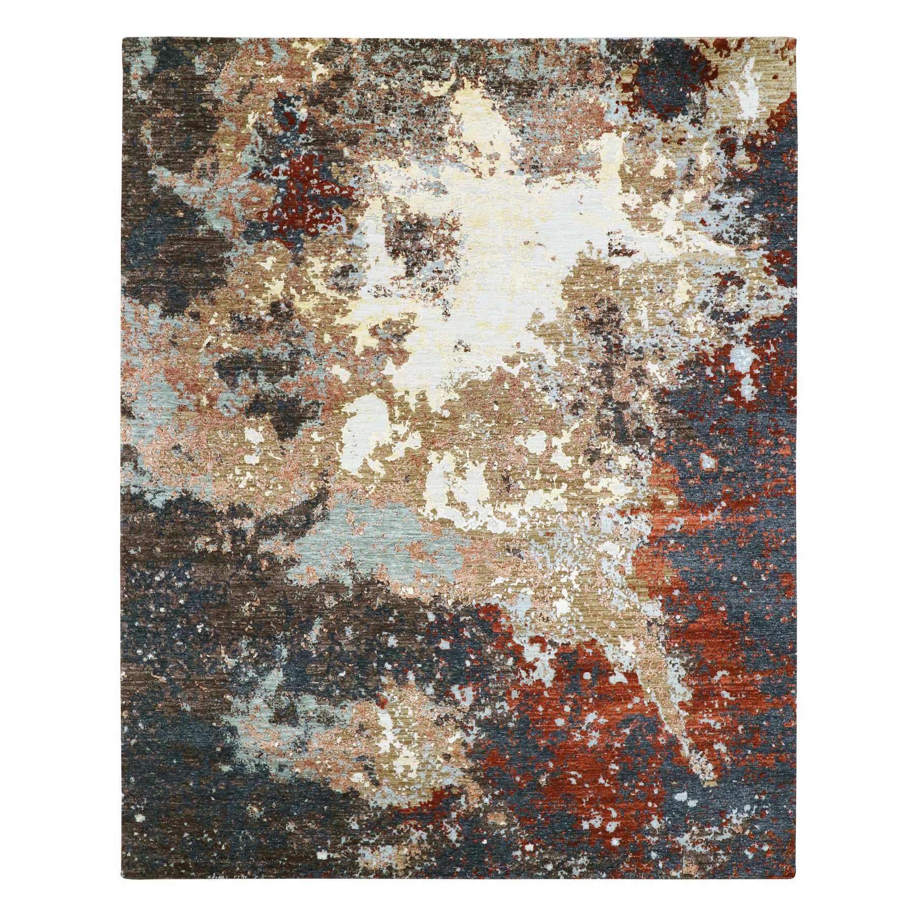 Chocolate Brown with Rust, Persian Knot, Abstract with Galaxy Design, Hand Knotted, Densely Woven, Oriental Rug